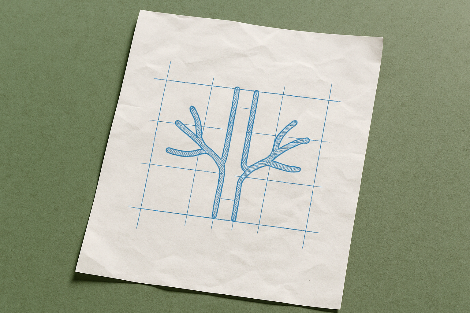 A photograph of a slightly worn, wrinkled blank sheet of white paper that lays flat, slightly tilted, on a table. On the paper is an icon of a branching blood vessel.