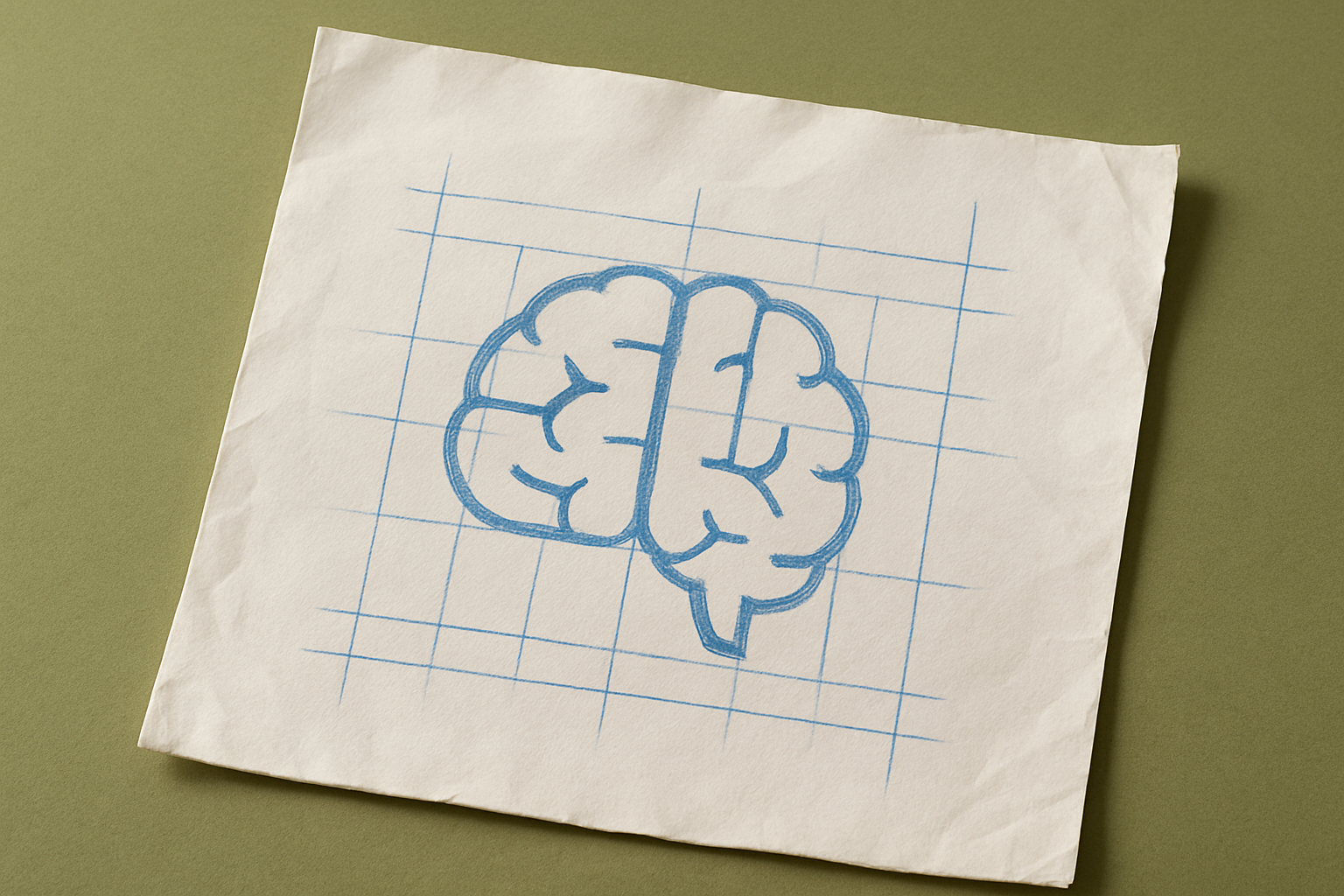 A photograph of a slightly worn, wrinkled blank sheet of white paper that lays flat, slightly tilted, on a table. On the paper is an icon of a brain.