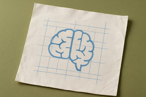 A photograph of a slightly worn, wrinkled blank sheet of white paper that lays flat, slightly tilted, on a table. On the paper is an icon of a brain.