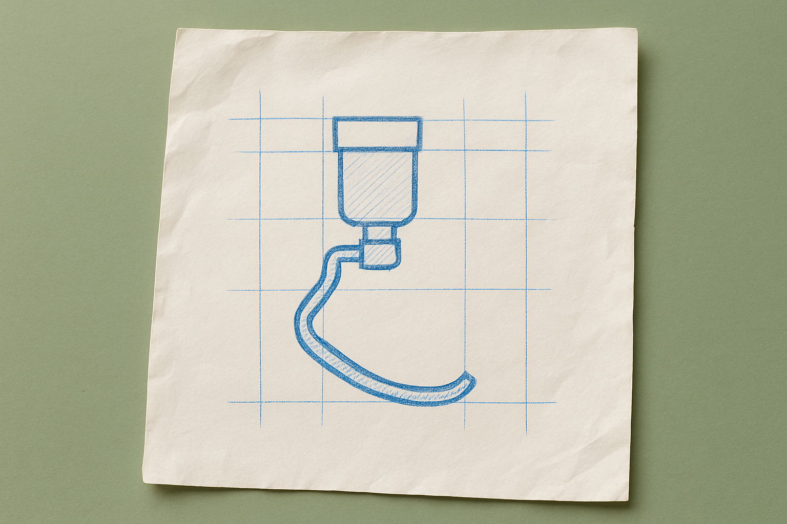 A photograph of a slightly worn, wrinkled blank sheet of white paper that lays flat, slightly tilted, on a table. On the paper is an icon of a prosthetic running blade.