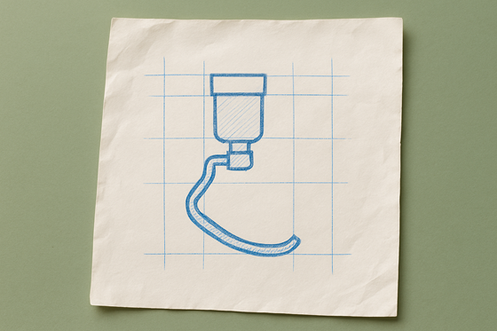 A photograph of a slightly worn, wrinkled blank sheet of white paper that lays flat, slightly tilted, on a table. On the paper is an icon of a prosthetic running blade.