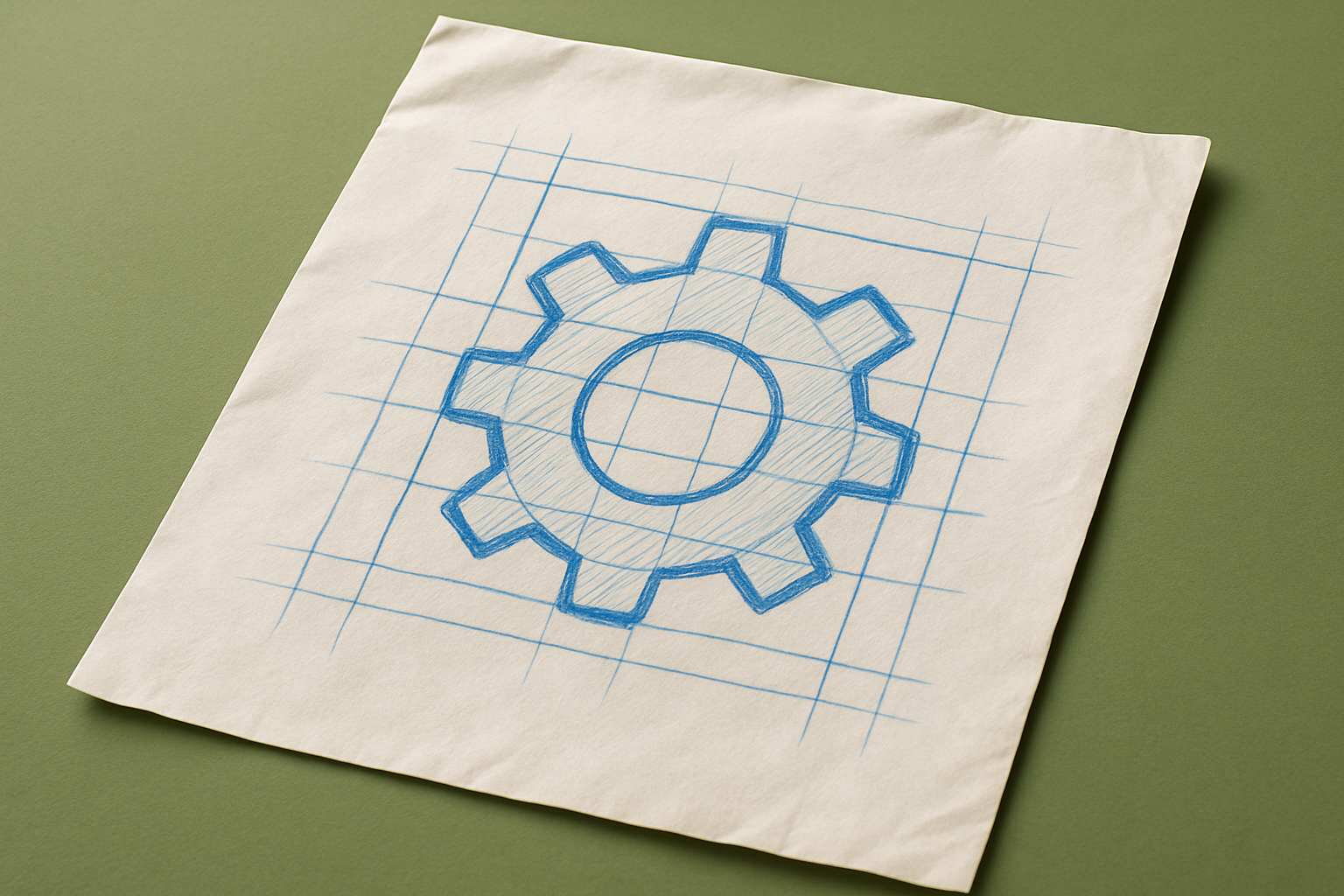A photograph of a slightly worn, wrinkled blank sheet of white paper that lays flat, slightly tilted, on a table. On the paper is an icon of a mechanical gear.