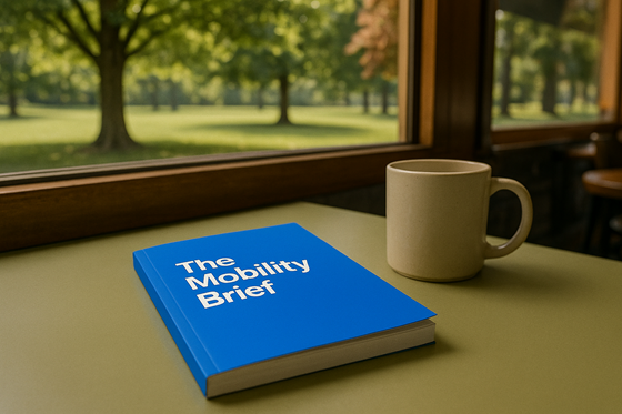 A photograph of a closed, blank notebook, laying flat on a table, next to a plain ceramic mug.  On the notebook is the title 'The Mobility Brief' with no other words, images, engravings or symbolism on the cover. The table is in a relaxed cafe environment, beside a window. Outside of the window there is a quiet park with a sugar maple and a red oak tree. The weather outside is warm and sunny, with trees full of lush, deep green leaves and the ground covered in green grass.
