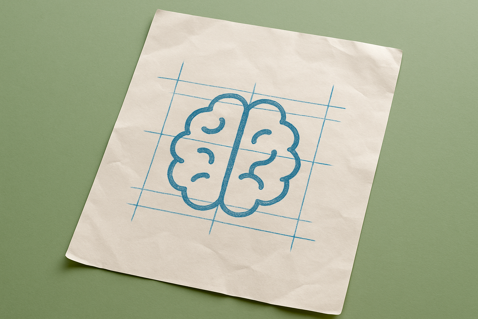 A photograph of a slightly worn, wrinkled blank sheet of white paper that lays flat, slightly tilted, on a table. On the paper is an icon of a human brain.