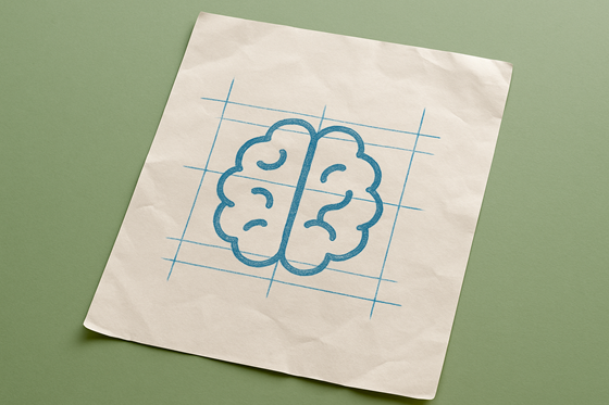 A photograph of a slightly worn, wrinkled blank sheet of white paper that lays flat, slightly tilted, on a table. On the paper is an icon of a human brain.