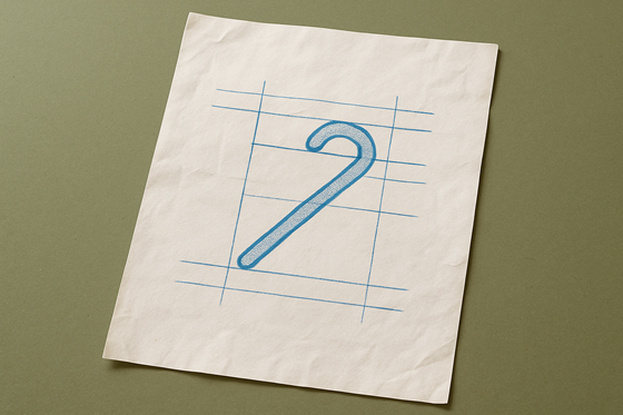 A photograph of a slightly worn, wrinkled blank sheet of white paper that lays flat, slightly tilted, on a table. On the paper is an icon of a walking cane.