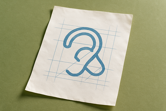 A photograph of a slightly worn, wrinkled blank sheet of white paper that lays flat, slightly tilted, on a table. On the paper is an icon of a hearing aid.