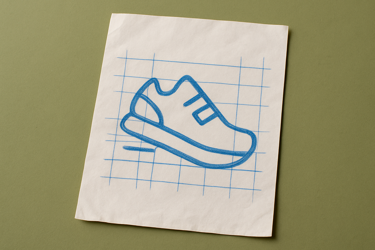 A photograph of a slightly worn, wrinkled blank sheet of white paper that lays flat, slightly tilted, on a table. On the paper is an icon of a running shoe.