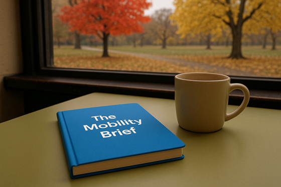 A photograph of a closed, blank notebook, laying flat on a table, next to a plain ceramic mug.  On the notebook is the title 'The Mobility Brief' with no other words, images, engravings or symbolism on the cover. The table is in a relaxed cafe environment, beside a window. Outside of the window there is a quiet park with a maple and an oak tree. The weather outside is cool and overcast, with trees in brilliant shades of red and gold and fallen leaves blanketing the ground.