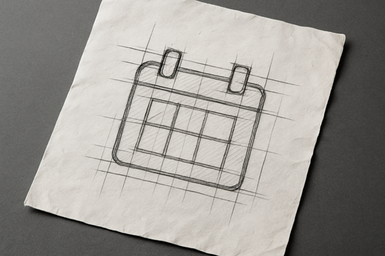 A photograph of a slightly worn, wrinkled blank sheet of white paper that lays flat, slightly tilted, on a table. On the paper is an icon of a calendar.