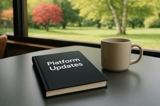 A photograph of a closed, blank notebook, laying flat on a table, next to a plain ceramic mug.  On the notebook is the title 'Platform Updates' with no other words, images, engravings or symbolism on the cover. The table is in a relaxed cafe environment, beside a window. Outside of the window there is a quiet park with a red maple and a white oak. The weather outside is bright and warm, with trees in full green leaf and a lush, vibrant lawn.