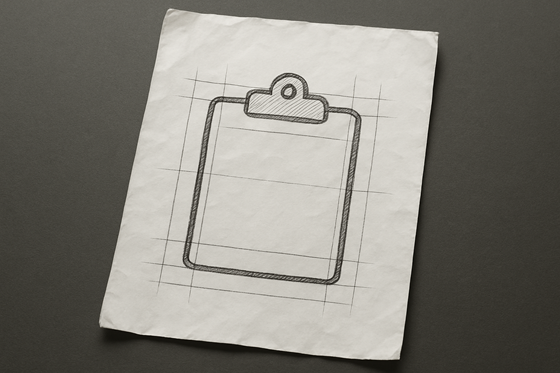 A photograph of a slightly worn, wrinkled blank sheet of white paper that lays flat, slightly tilted, on a table. On the paper is an icon of a clipboard.