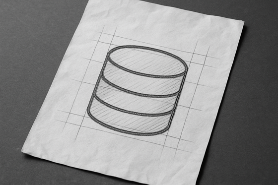 A photograph of a slightly worn, wrinkled blank sheet of white paper that lays flat, slightly tilted, on a table. On the paper is an icon of a database.