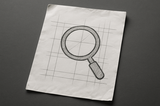 A photograph of a slightly worn, wrinkled blank sheet of white paper that lays flat, slightly tilted, on a table. On the paper is an icon of a magnifying glass.