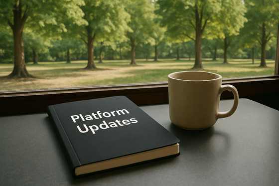 A photograph of a closed, blank notebook, laying flat on a table, next to a plain ceramic mug.  On the notebook is the title 'Platform Updates' with no other words, images, engravings or symbolism on the cover. The table is in a relaxed cafe environment, beside a window. Outside of the window there is a quiet park with sugar maples and red oaks. The weather outside is sunny and warm, with the trees full of lush, deep green leaves and the ground below looking dry.