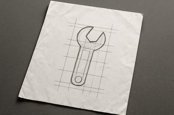 A photograph of a slightly worn, wrinkled blank sheet of white paper that lays flat, slightly tilted, on a table. On the paper is an icon of a wrench.