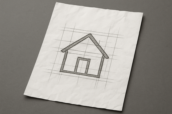A photograph of a slightly worn, wrinkled blank sheet of white paper that lays flat, slightly tilted, on a table. On the paper is an icon of a house.
