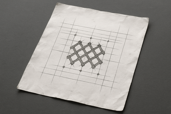 A photograph of a slightly worn, wrinkled blank sheet of white paper that lays flat, slightly tilted, on a table. On the paper is an icon of a mesh.
