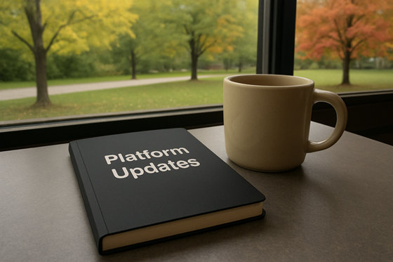 A photograph of a closed, blank notebook, laying flat on a table, next to a plain ceramic mug.  On the notebook is the title 'Platform Updates' with no other words, images, engravings or symbolism on the cover. The table is in a relaxed cafe environment, beside a window. Outside of the window there is a quiet park with a sugar maple and a red oak. The weather outside is cool and bright, with the leaves on the trees just beginning to show their first hints of yellow and red over the still-green ground.