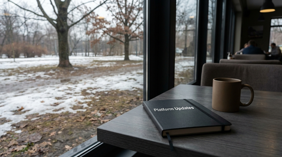 A photograph of a closed, blank notebook, laying flat on a table, next to a plain ceramic mug.  On the notebook is the title 'Platform Updates' with no other words, images, engravings or symbolism on the cover. The table is in a relaxed cafe environment, beside a window. Outside of the window there is a quiet park with a sugar maple and a red oak. The weather outside is cool and overcast, with bare trees and patches of dirty snow melting on the damp, brown ground.