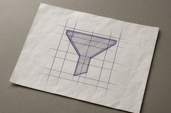 A photograph of a slightly worn, wrinkled blank sheet of white paper that lays flat, slightly tilted, on a table. On the paper is an icon of a funnel.