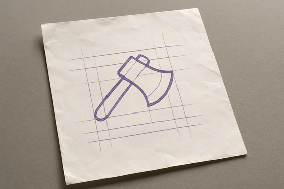 A photograph of a slightly worn, wrinkled blank sheet of white paper that lays flat, slightly tilted, on a table. On the paper is an icon of an axe.