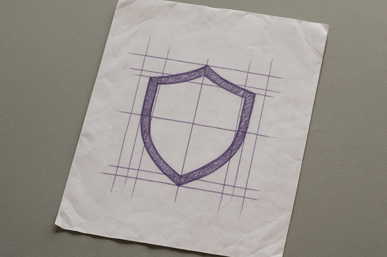 A photograph of a slightly worn, wrinkled blank sheet of white paper that lays flat, slightly tilted, on a table. On the paper is an icon of a shield.