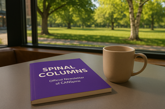 A photograph of a closed, blank notebook, laying flat on a table, next to a plain ceramic mug.  On the notebook is the title 'Spinal Columns: Official Newsletter of CANSpine' with no other words, images, engravings or symbolism on the cover. The table is in a relaxed cafe environment, beside a window. Outside of the window there is a quiet park with a Sugar Maple and a White Birch. The weather outside is sunny and warm, with trees in full leaf above a thick, green lawn.