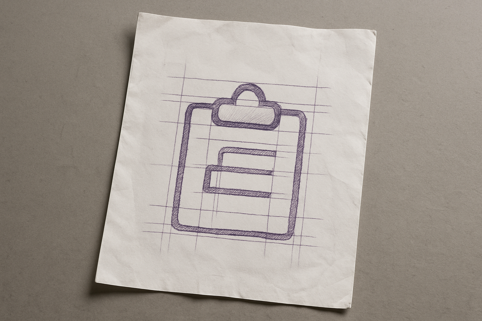 A photograph of a slightly worn, wrinkled blank sheet of white paper that lays flat, slightly tilted, on a table. On the paper is an icon of a clipboard.