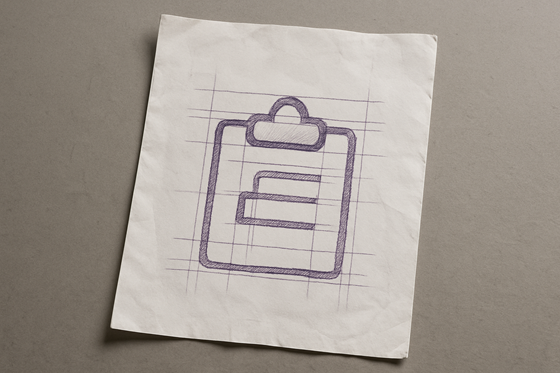 A photograph of a slightly worn, wrinkled blank sheet of white paper that lays flat, slightly tilted, on a table. On the paper is an icon of a clipboard.