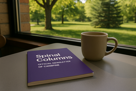 A photograph of a closed, blank notebook, laying flat on a table, next to a plain ceramic mug.  On the notebook is the title 'Spinal Columns: Official Newsletter of CANSpine' with no other words, images, engravings or symbolism on the cover. The table is in a relaxed cafe environment, beside a window. Outside of the window there is a quiet park with a sugar maple and a white pine. The weather outside is warm and sunny, with trees in full, deep green leaf and lush grass covering the ground.
