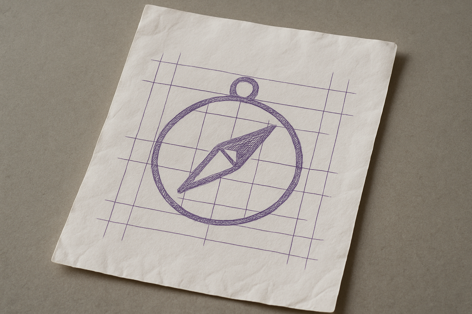 A photograph of a slightly worn, wrinkled blank sheet of white paper that lays flat, slightly tilted, on a table. On the paper is an icon of a compass.