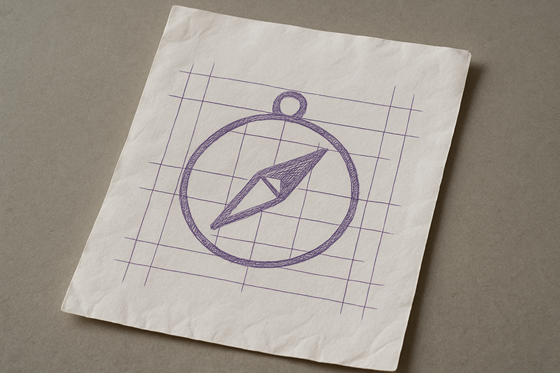 A photograph of a slightly worn, wrinkled blank sheet of white paper that lays flat, slightly tilted, on a table. On the paper is an icon of a compass.
