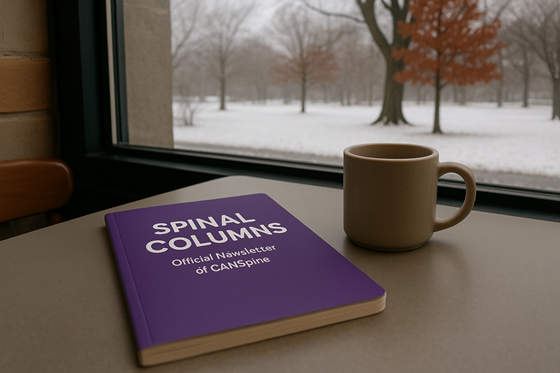 A photograph of a closed, blank notebook, laying flat on a table, next to a plain ceramic mug.  On the notebook is the title 'Spinal Columns: Official Newsletter of CANSpine' with no other words, images, engravings or symbolism on the cover. The table is in a relaxed cafe environment, beside a window. Outside of the window there is a quiet park with a sugar maple and a red oak. The weather outside is cold and grey, with a layer of snow covering the ground and the bare branches of the trees.