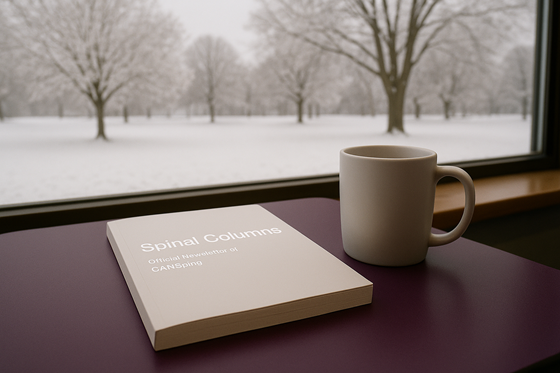 A photograph of a closed, blank notebook, laying flat on a table, next to a plain ceramic mug.  On the notebook is the title 'Spinal Columns: Official Newsletter of CANSpine' with no other words, images, engravings or symbolism on the cover. The table is in a relaxed cafe environment, beside a window. Outside of the window there is a quiet park with a maple and an oak tree. The weather outside is grey and overcast, with a blanket of snow covering the ground and clinging to the bare branches of the trees.