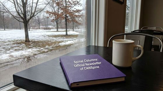 A photograph of a closed, blank notebook, laying flat on a table, next to a plain ceramic mug.  On the notebook is the title 'Spinal Columns: Official Newsletter of CANSpine' with no other words, images, engravings or symbolism on the cover. The table is in a relaxed cafe environment, beside a window. Outside of the window there is a quiet park with a Sugar Maple and a Red Oak. The weather outside is cold and grey, with bare tree branches and patches of old snow on the damp, thawing ground.