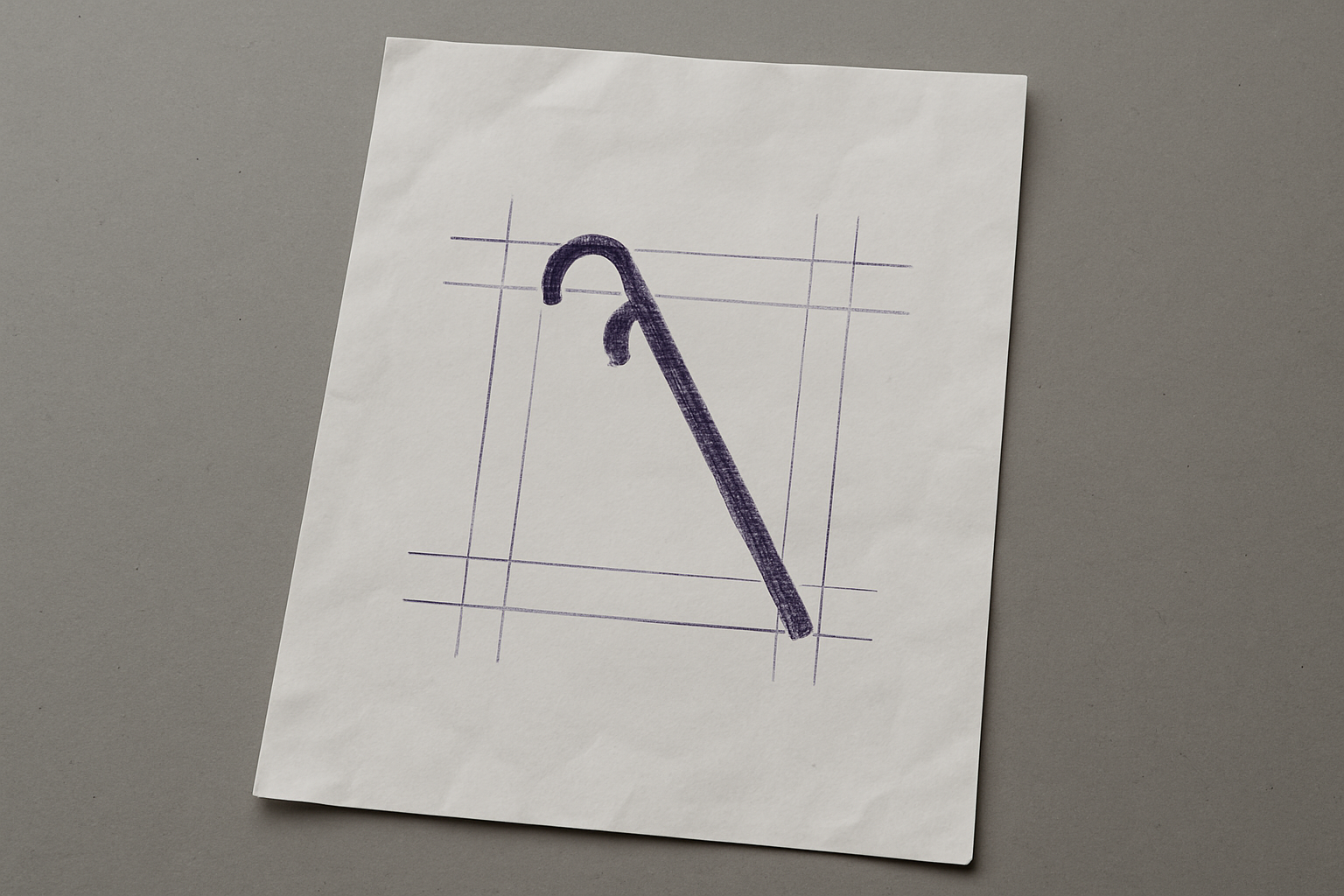 A photograph of a slightly worn, wrinkled blank sheet of white paper that lays flat, slightly tilted, on a table. On the paper is an icon of a white cane.