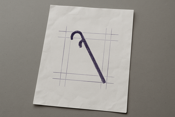 A photograph of a slightly worn, wrinkled blank sheet of white paper that lays flat, slightly tilted, on a table. On the paper is an icon of a white cane.