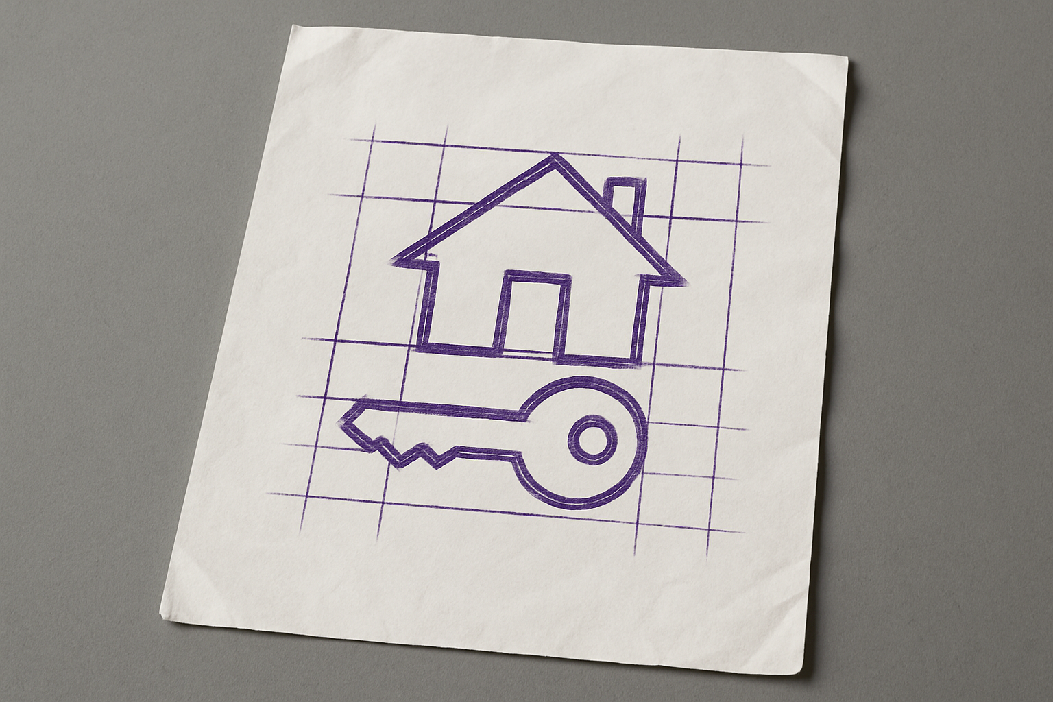 A photograph of a slightly worn, wrinkled blank sheet of white paper that lays flat, slightly tilted, on a table. On the paper is an icon of a house key.