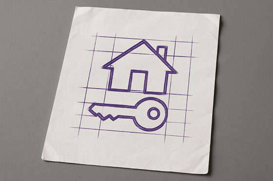 A photograph of a slightly worn, wrinkled blank sheet of white paper that lays flat, slightly tilted, on a table. On the paper is an icon of a house key.