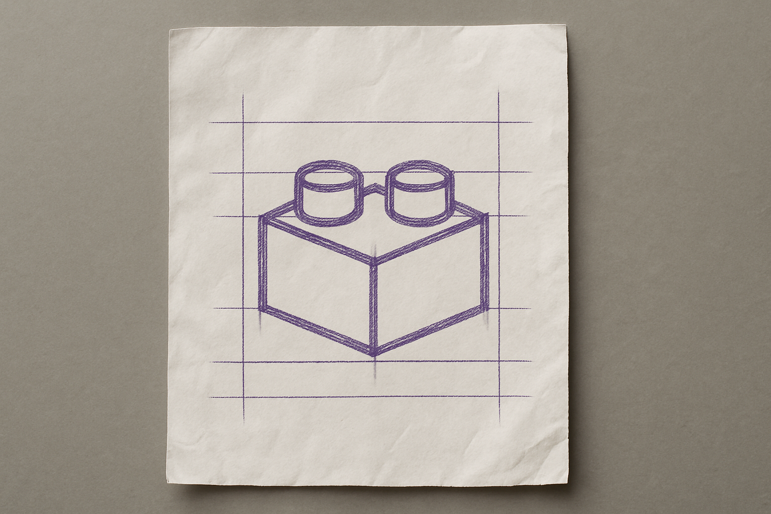 A photograph of a slightly worn, wrinkled blank sheet of white paper that lays flat, slightly tilted, on a table. On the paper is an icon of a building block.