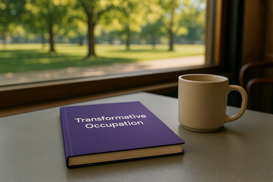 A photograph of a closed, blank notebook, laying flat on a table, next to a plain ceramic mug.  On the notebook is the title 'Transformative Occupation' with no other words, images, engravings or symbolism on the cover. The table is in a relaxed cafe environment, beside a window.  The weather outside is clear and warm, with trees full of lush, green leaves and a thick lawn covering the ground.